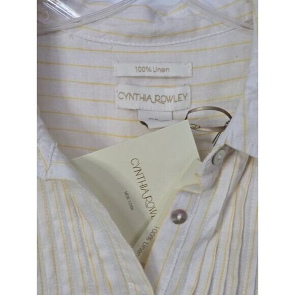 Cynthia Rowley Tunic M 100% Linen Off White Yellow Stripe Pleat Button Shirt Top - Picture 4 of 6